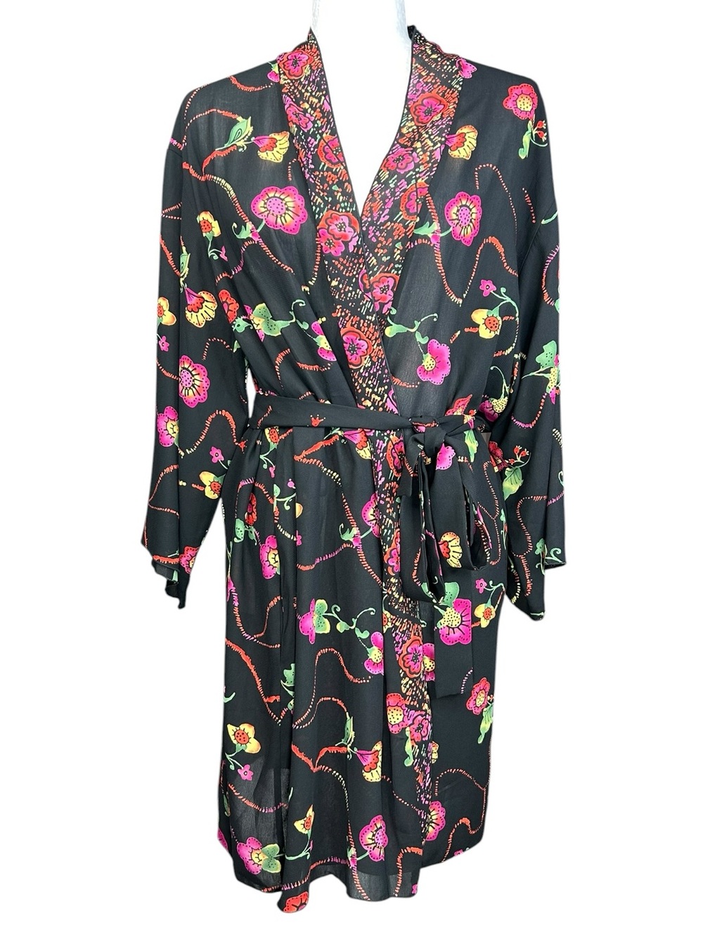 Vintage Josie Natori Black Tropical Floral Boho Wrap Kimono-Style Robe Small